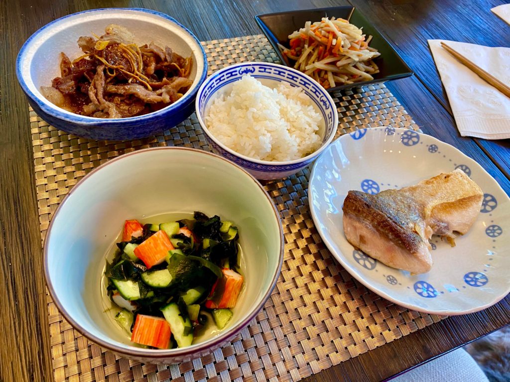 Ginger pork, sunomono, buri and kinnpira gobo