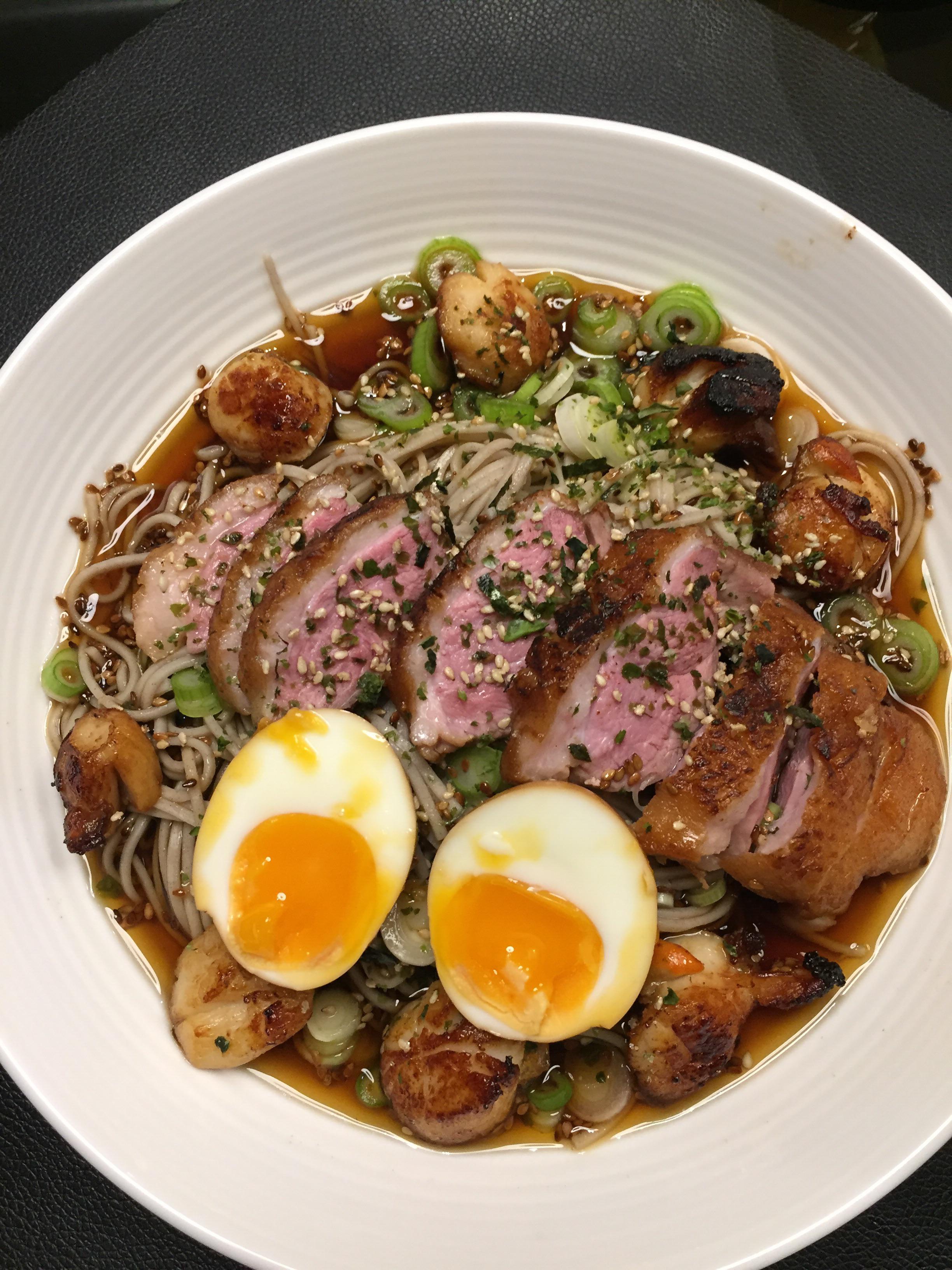 soba noodles with duck and scallops. Alo Japan