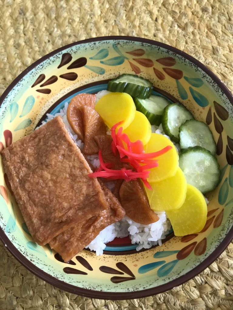 Japanese pickles, inari and rice. Quick lunch.