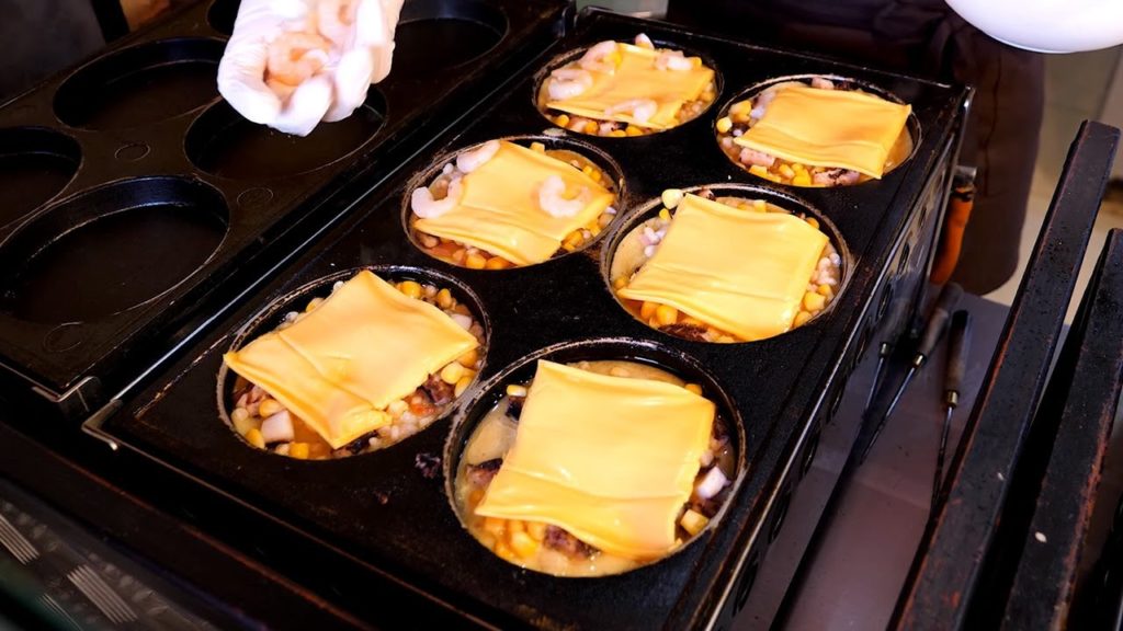 Japanese style cheese pancakes with various toppings - Korean street food