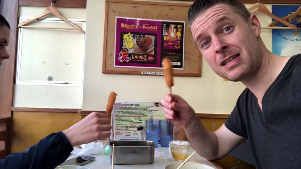 Enjoying delicious Kushikatsu at Daruma in Osaka Japan