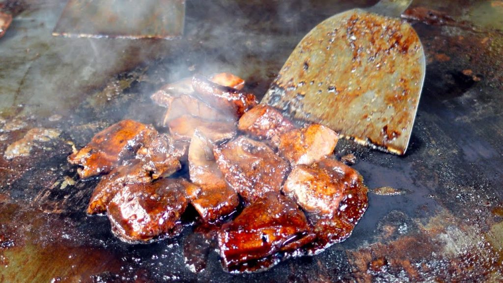 Japanese Street Food - Pork Hormoneyaki TeppanYaki grilled on an iron plate ASMR YAMAKI Osaka Japan