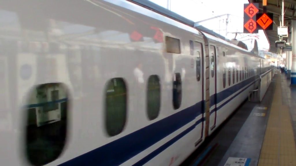 Shinkansen arriving at Okayama Station.