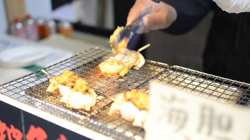 Japanese Street Food - Grilled Scallops with Uni at Tsukiji