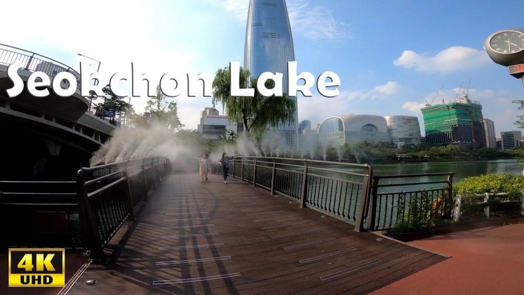 [4K] Walking in Songpa Naru Park(Seokchon Lake Park) near Lotte World Tower, Seoul Korea(석촌호수 공원 걷기)