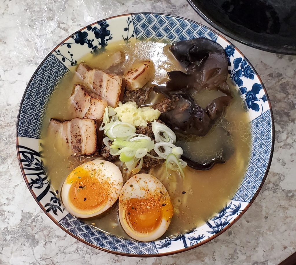 Homemade Tori Paitan Ramen! Homemade noodles, pressure-cooked broth, apple shoyu tare. Topped with wood ear mushrooms, chashu, ajitama, scallions.