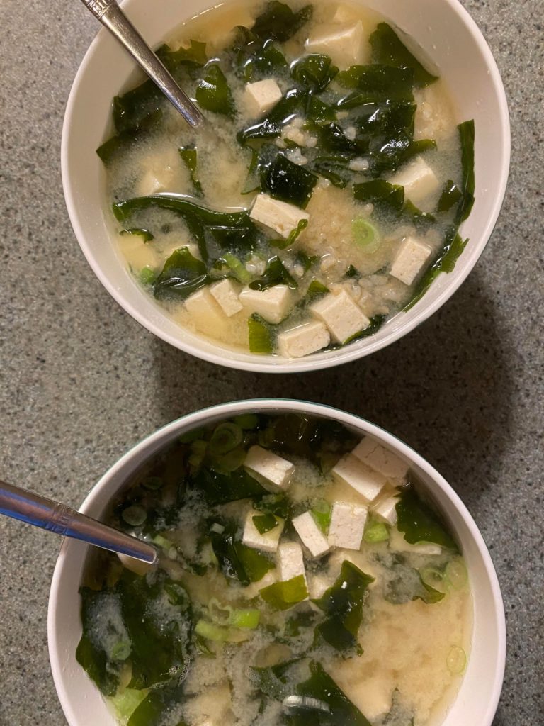First time making miso soup! Shiro, wakame, scallion, tofu, and some rice