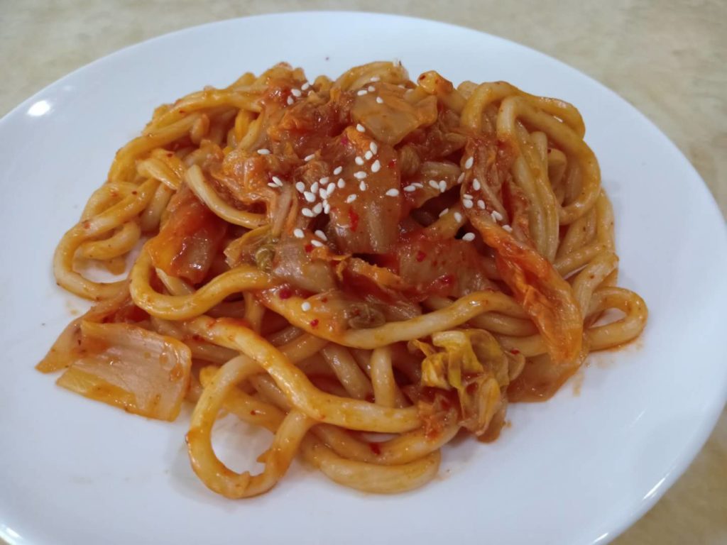 Fried Udon with Kimchi and Onions