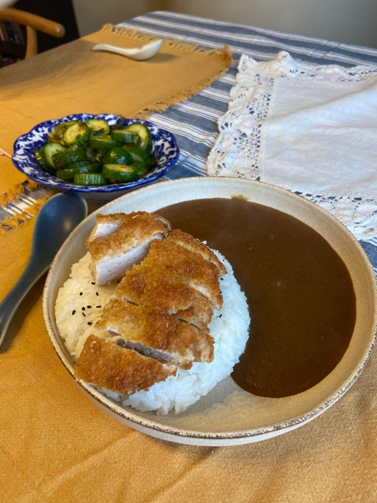 Tonkatsu curry rice and spicy cucumber salad