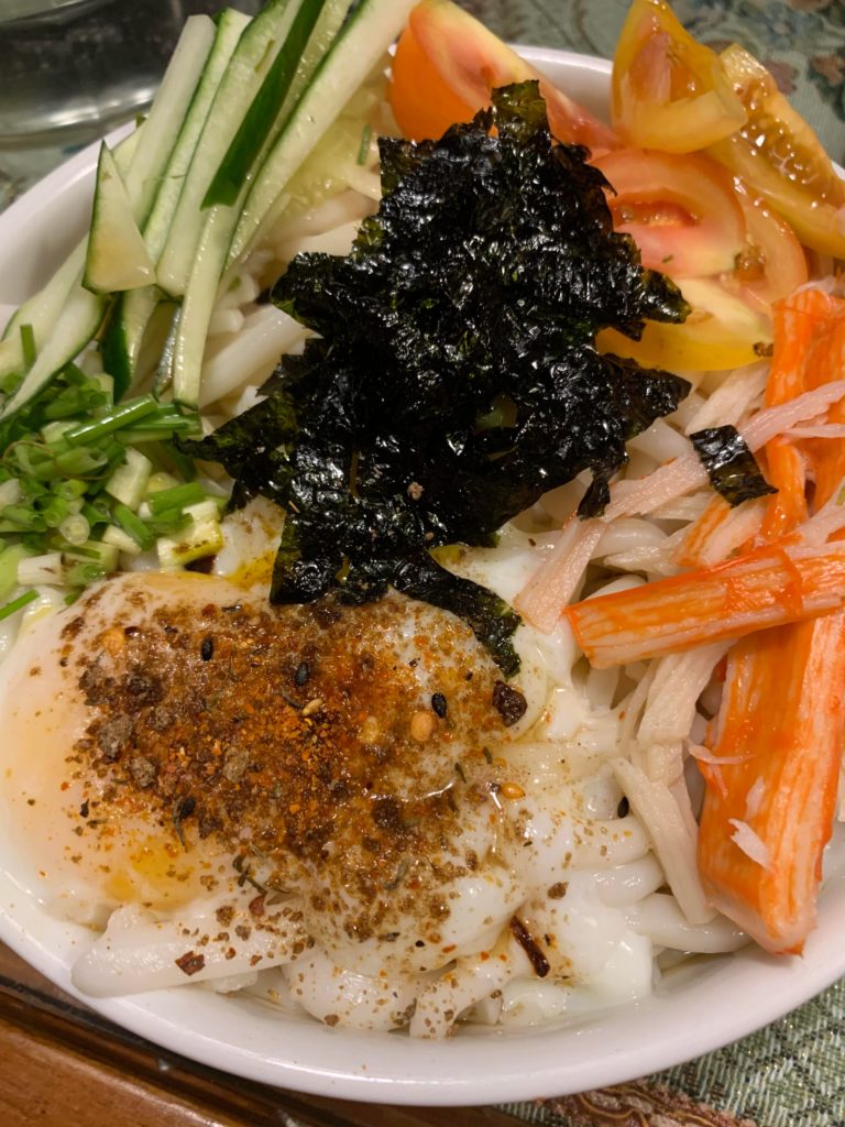 Cold Tanuki Udon - topped with vegetables, kani, nori and onsen tamago.