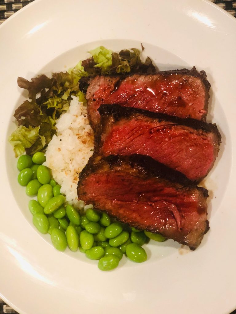 Steak donburi with edamame and ponzu sauce