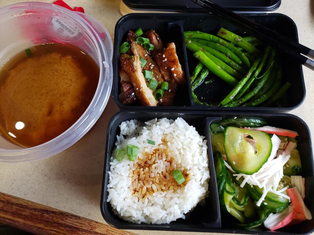 I made some teriyaki chicken, short grain rice, sunomono with surimi, and asparagus with a big bowl of miso soup. The recipes from just one cookbook are always incredible!