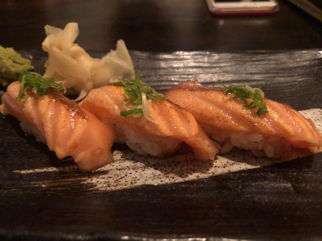 Seared salmon belly nigiri. It melts in your mouth :D’