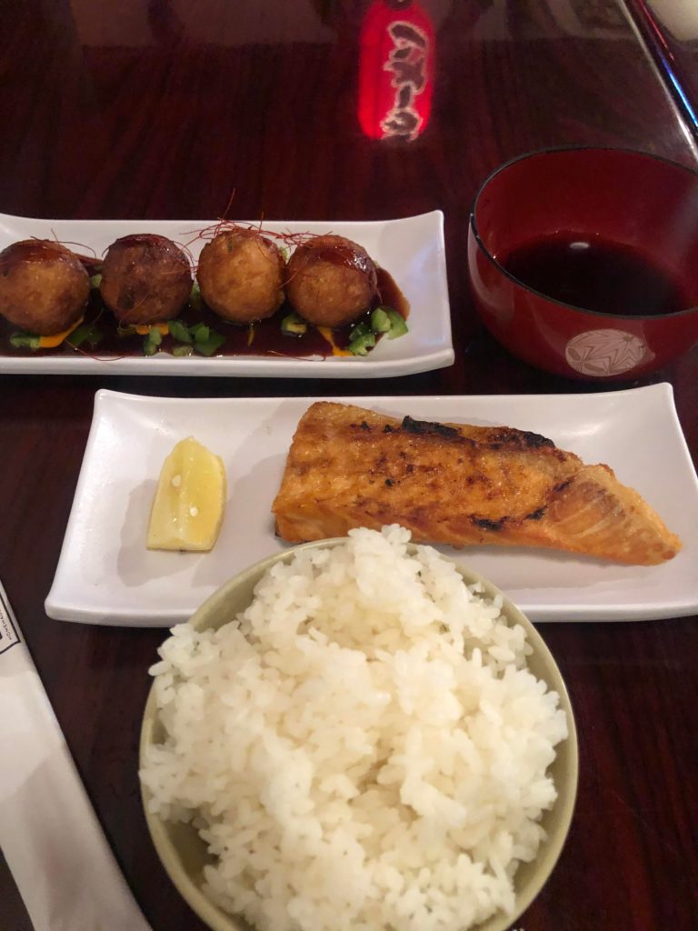 Simply some grilled salmon belly with rice and takoyaki