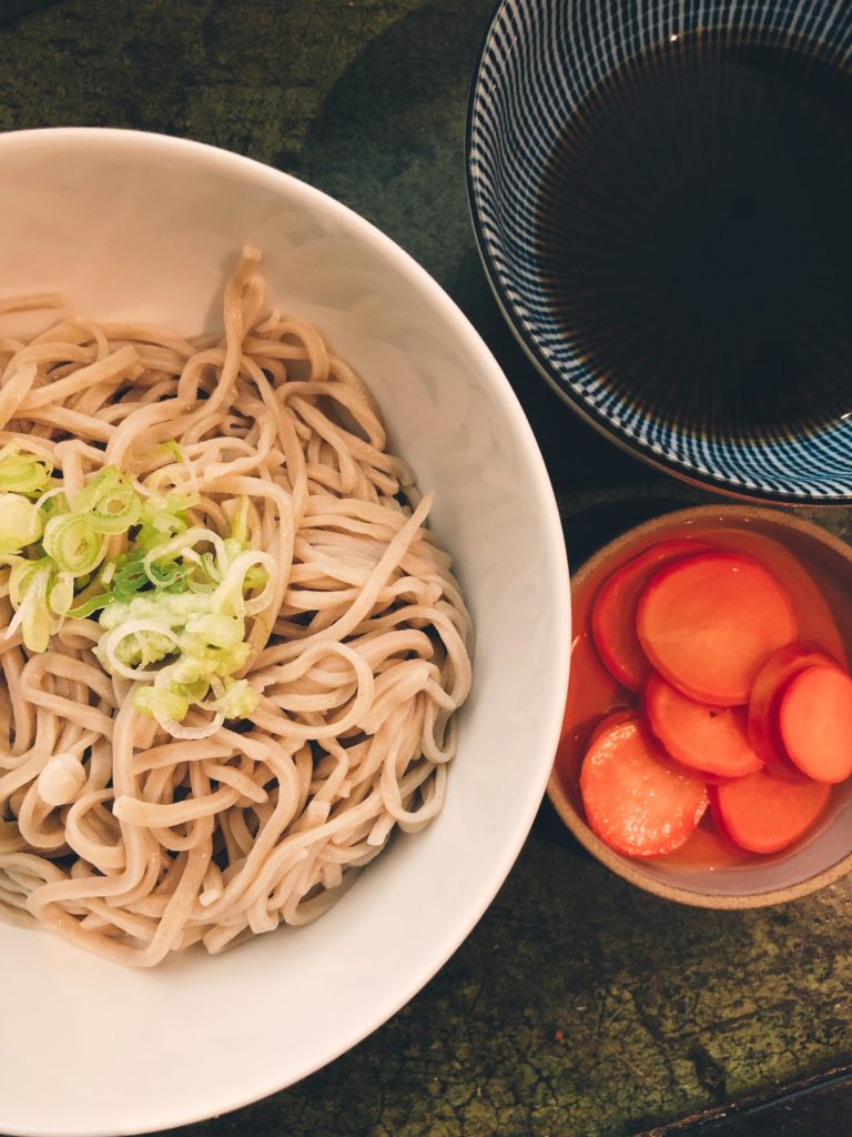Fresh zaru soba and quick-pickled radishes
