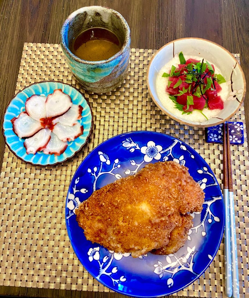 Plum chicken (chicken breast stuffed with umeboshi and shiso, then panko fried), tako (with a little momiji oroshi, lemon and salt), and maguro yamakake.