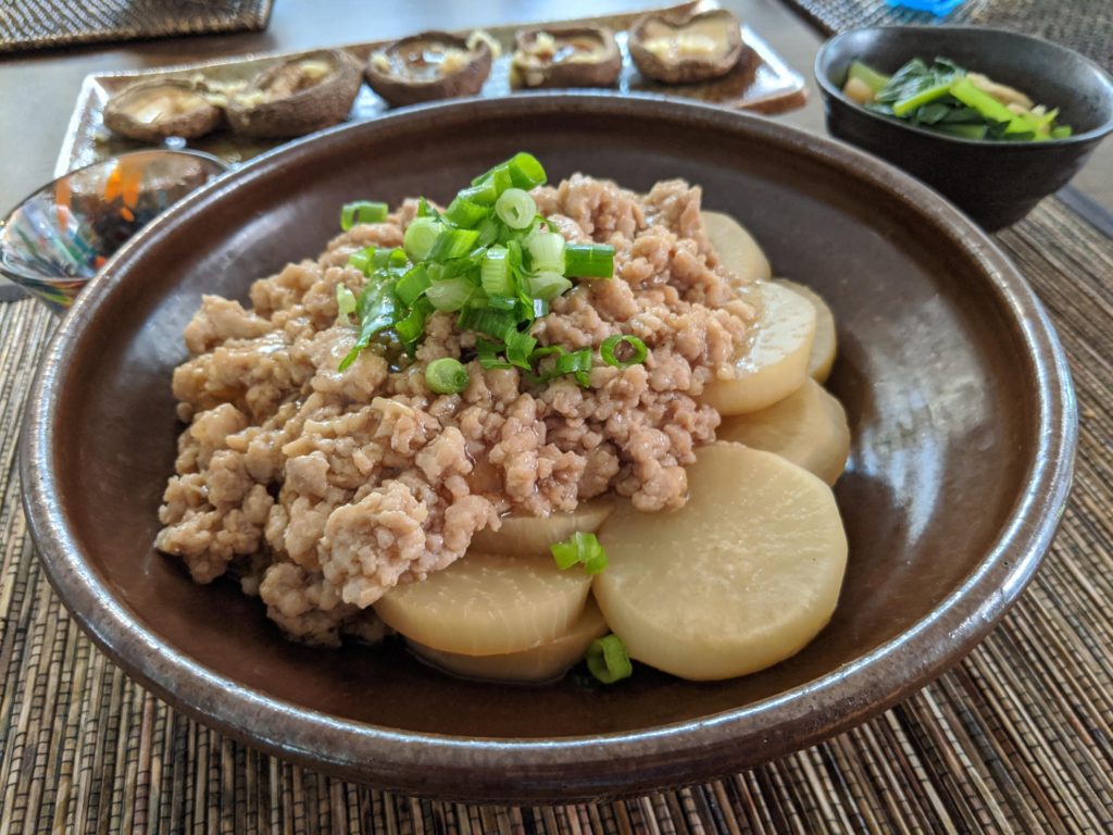 Turnips and Japanese Soboro with the side of mushroom and soy sauce