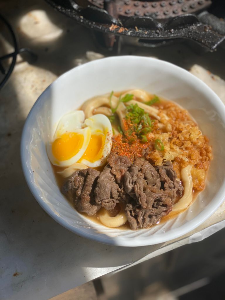 made beef udon for the first time!! (excuse the broken egg) i tried making the noodles from scratch too and they came out a lil chewier than i wanted, any tips ???