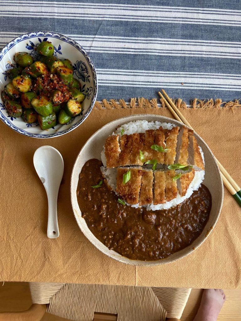 Tonkatsu curry rice with oi muchim