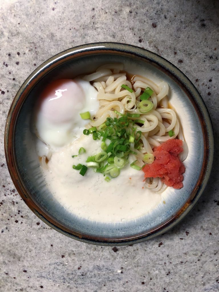 Tororo mentaiko cold udon with onsen tamago