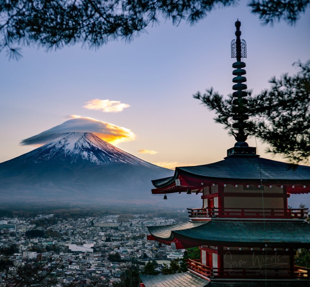Fuji from Churito Pagoda [OC] | Did you know Mt Fuji is actually 3 volcanoes in one?