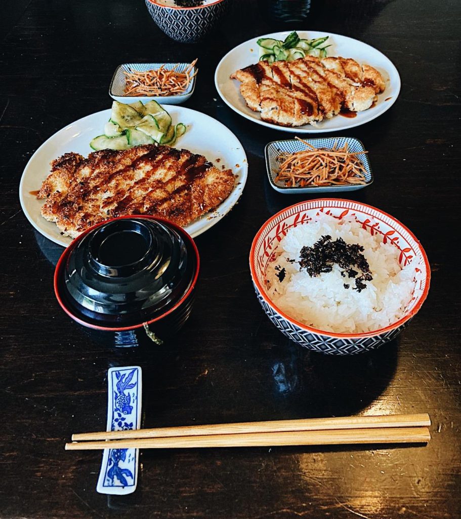 Chicken katsu with pickled cucumber, pickled carrots with sesame, Tonjiru and rice with furikake. All homemade except from the tonkatsu sauce.
