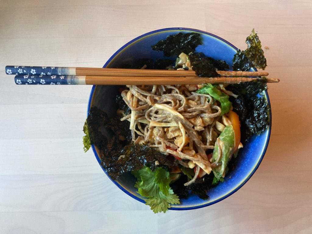 Soba noodles tossed in peanut sauce is what’s for dinner.