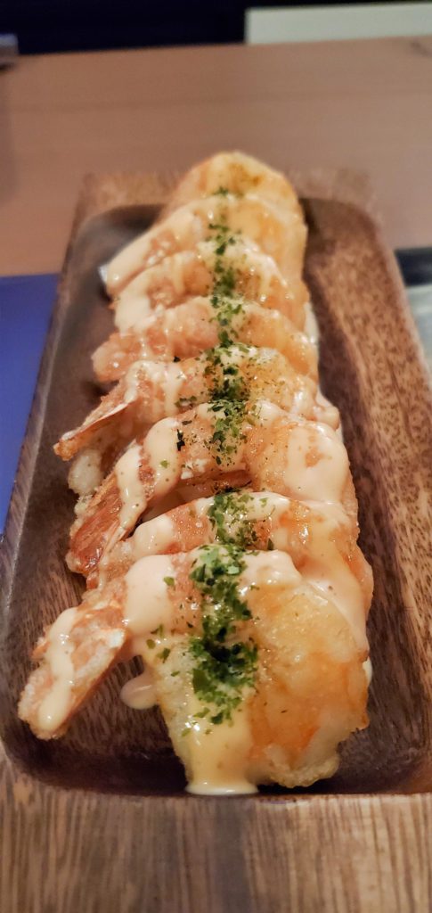 Homemade ebi mayo! Deep fried prawns, lightly battered, a tangy mayo based sauce, topped with nori.