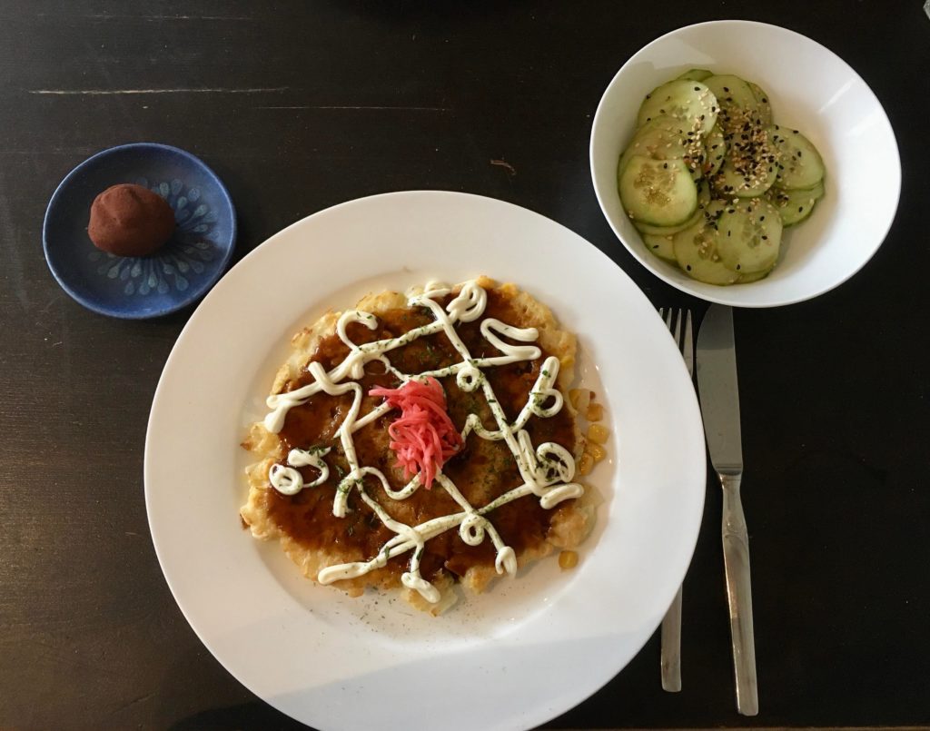Another Okonomiyaki with cucumber salad and a (bought) chocolate mochi :)