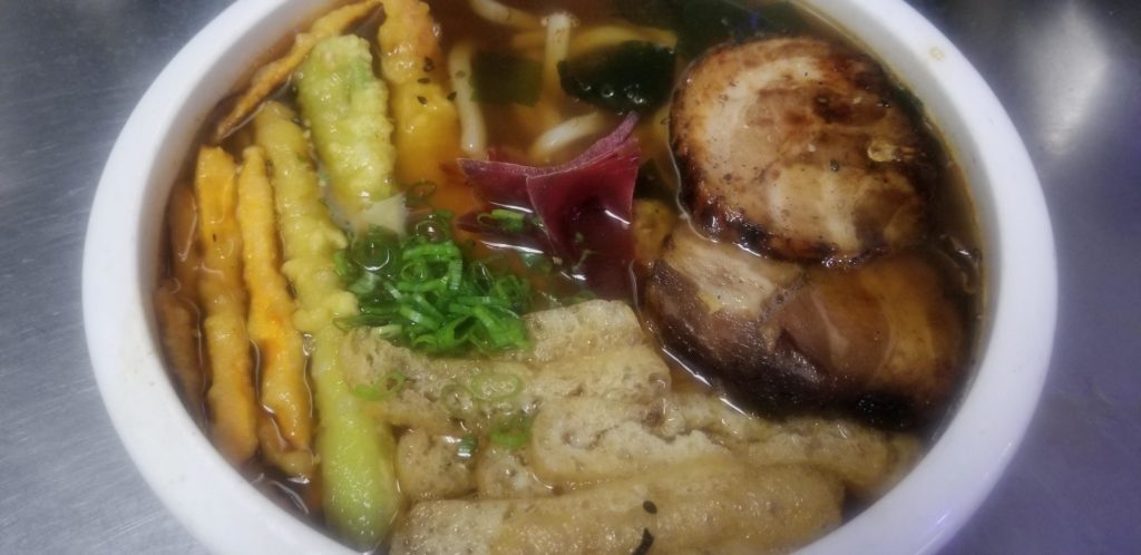 Udon noodles I made at my work for dinner tonight. Pork belly, tofu, tempura yam/onion/shrimp, and togarashi/sriracha. I work at a japanese restaurant and went HAM on this. I was hungry, and that udon broth base is the best. I will learn the recipe soon.