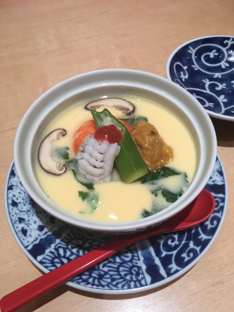 Chawanmushi with uni, shrimp, unagi and kinmedai