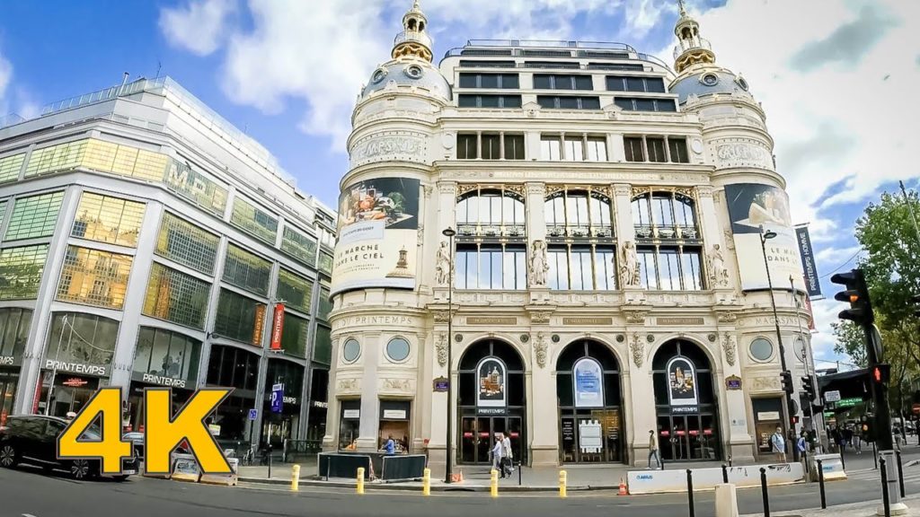 Street shops, Passage around Galeries Lafayette - Walking in Paris, France 4K