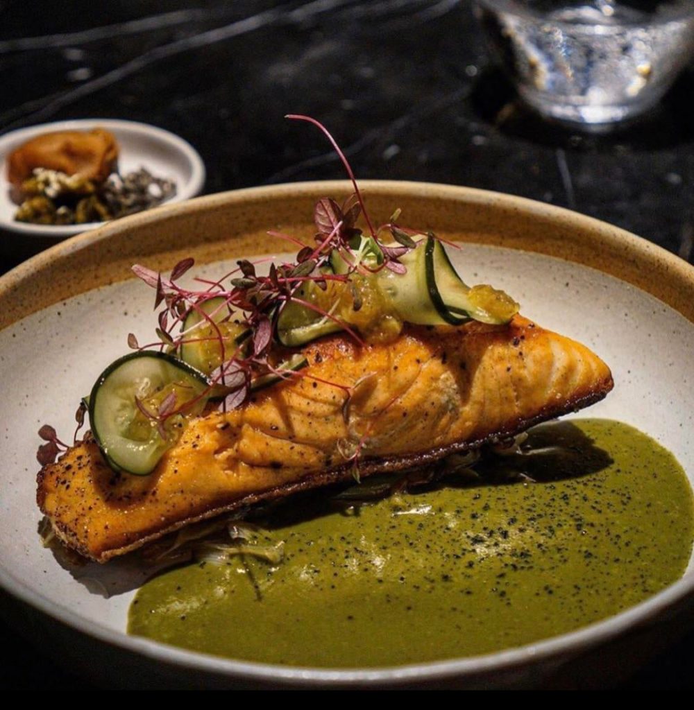 Seared Salmon with matcha sauce