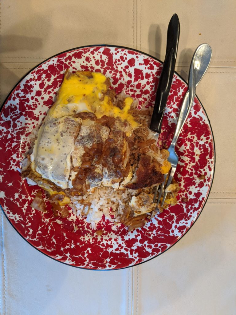 I made Katsudon (pork rice cutlet bowl). Easier than I expected. Definitely will make again. (Excuse my knife and fork)