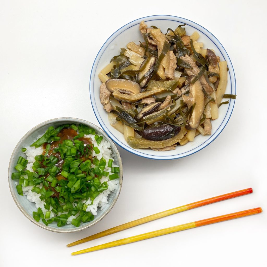 I don’t see a lot of Okinawan food here. Here’s some irichā and rice with andansū. Two of my favorite comfort foods