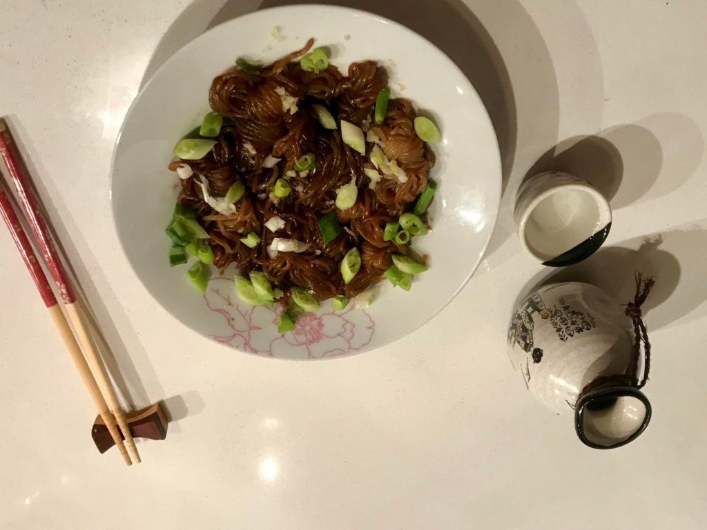 Konjac noodles ...mushroom soy mince garlic/wasabi/mirin and spring onion with sake for dinner