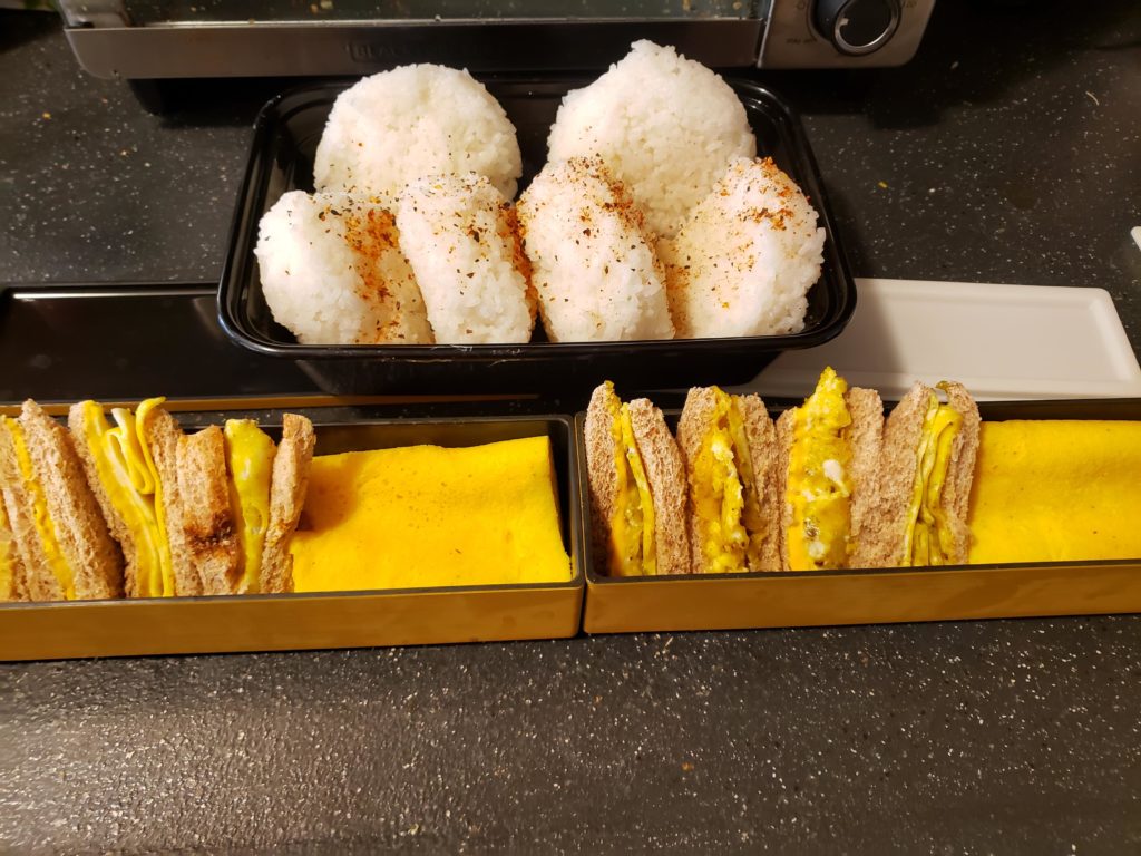 Tamago sando, tamagoyaki, and onigiri for breakfast and second breakfast.
