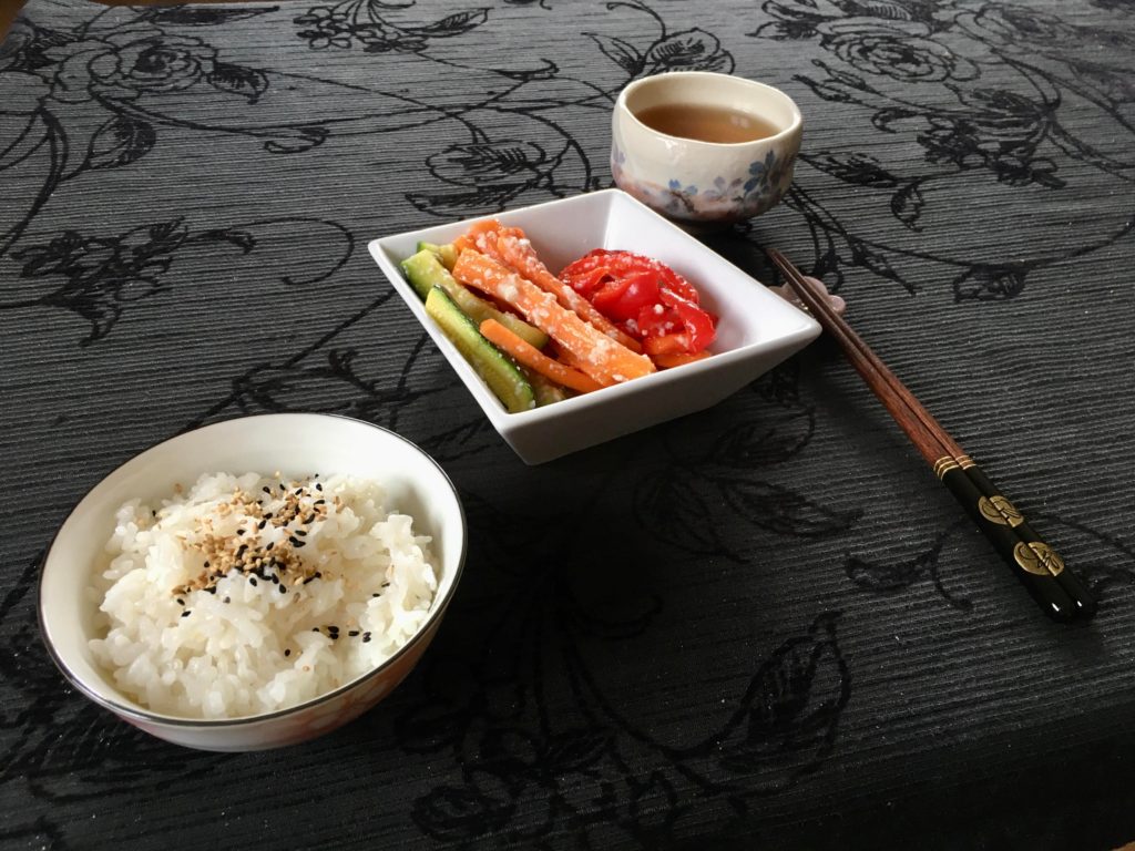 Itadakimasu!Koji fermented veggies,rice and sakura black tea