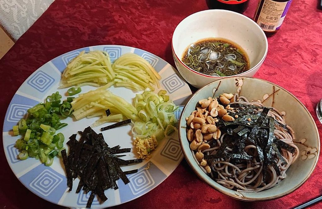 Here's my first attempt at making Zaru Soba! I served them with cucumbers and homemade Men-tsuyu dipping sauce.