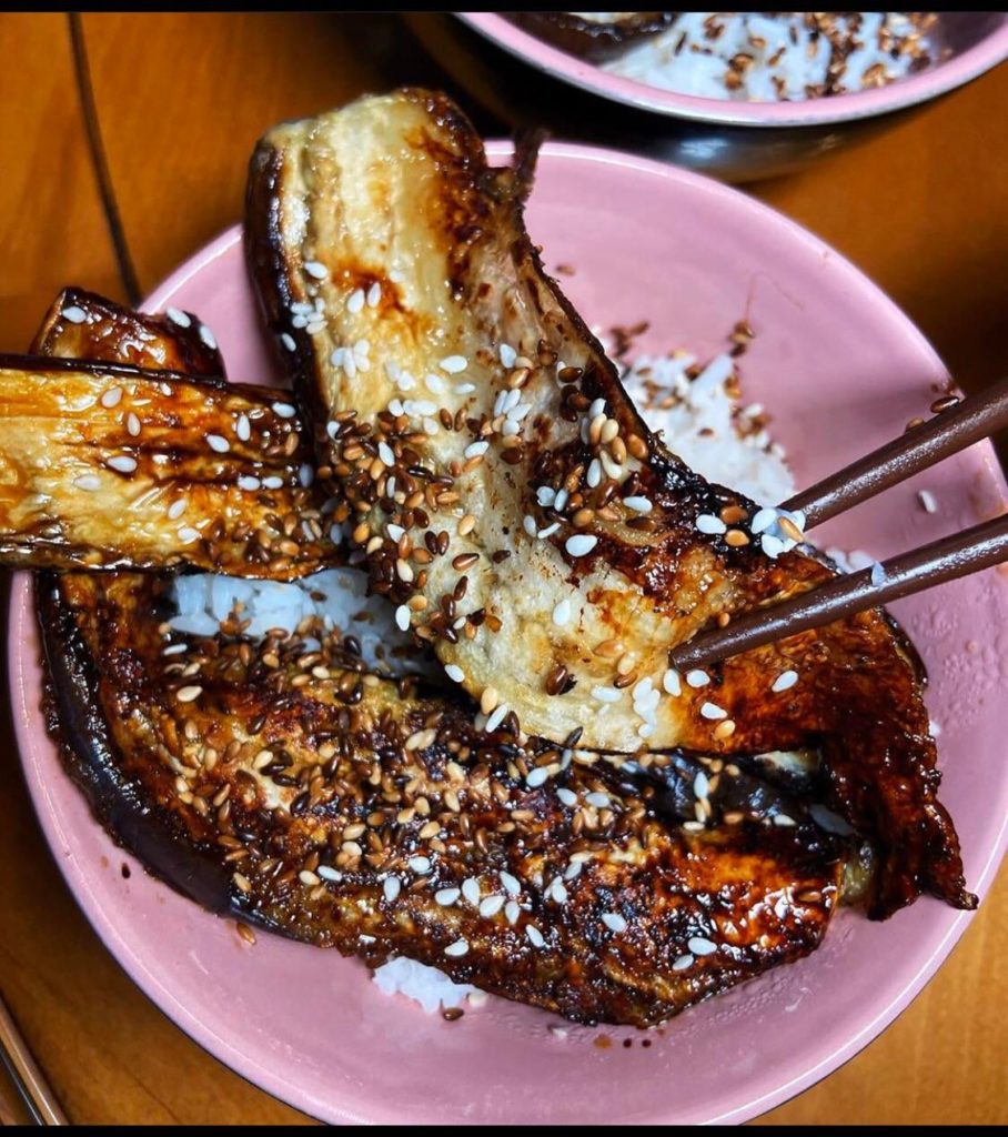 Soy-glazed eggplant Donburi