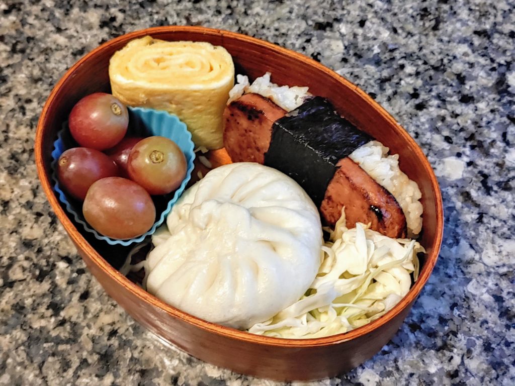 Today's Bento with tamagoyaki, spam musubi, a shitake bao, and more!