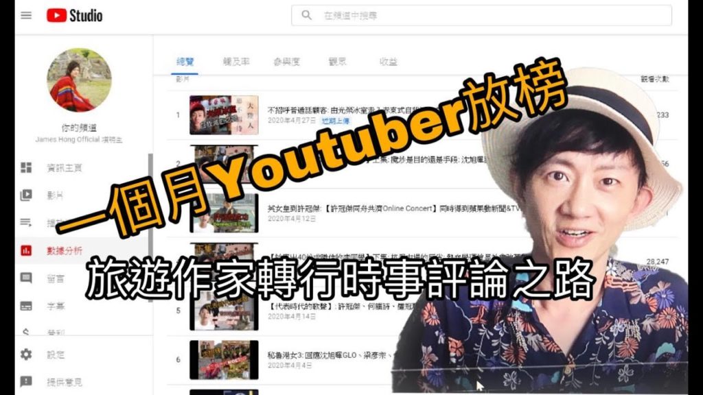 一個月Youtuber放榜: 收視大增16倍 後台公開、由旅遊作家轉行到時事評論Youtuber之路 一個月Youtuber放榜: 收視大增16倍 後台公開、由旅遊作家轉行到時事評論Youtuber之路