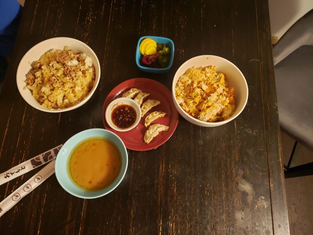 Chicken Katsudon, Gyudon, Gyoza, Tsukemono, and Miso Soup