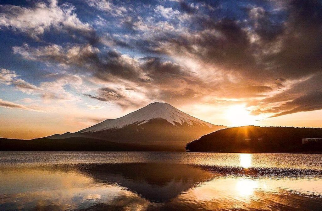 Mt. Fuji’s reflection, known as the “upside-down Fuji”, can be seen from any lak...
