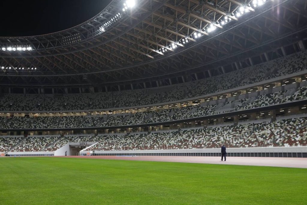 IOC President Thomas Bach sees the completed Olympic Stadium for the first time....