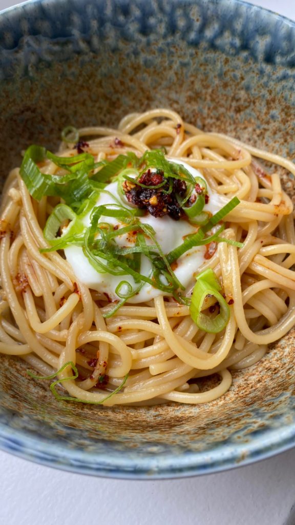 Quick little maze soba snack before dinner. I didn’t have much for toppings and used spaghetti boiled with a bit of baking soda instead of actual soba. Would you still take a bite?