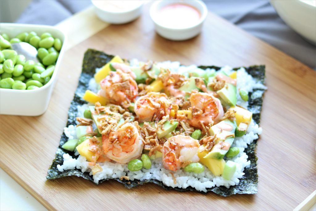 sushi unrolled with shrimp and homemade sauces
