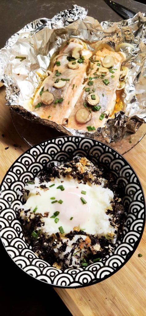 Steamed salmon and rice topped with homemade furikake & onsen egg