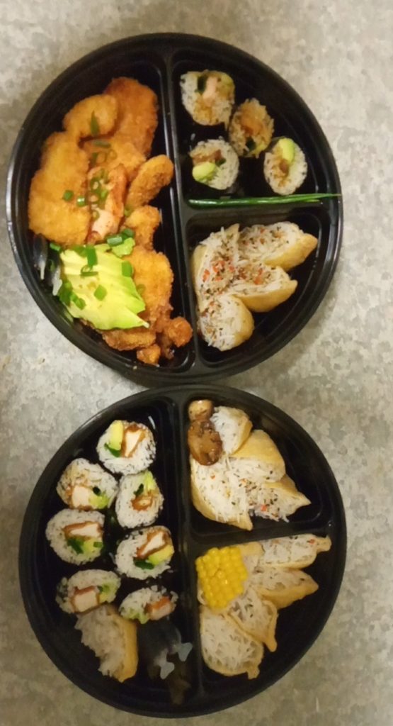 First time Bento, salmon and katsu sushi rolls with inari and more katsu chicken
