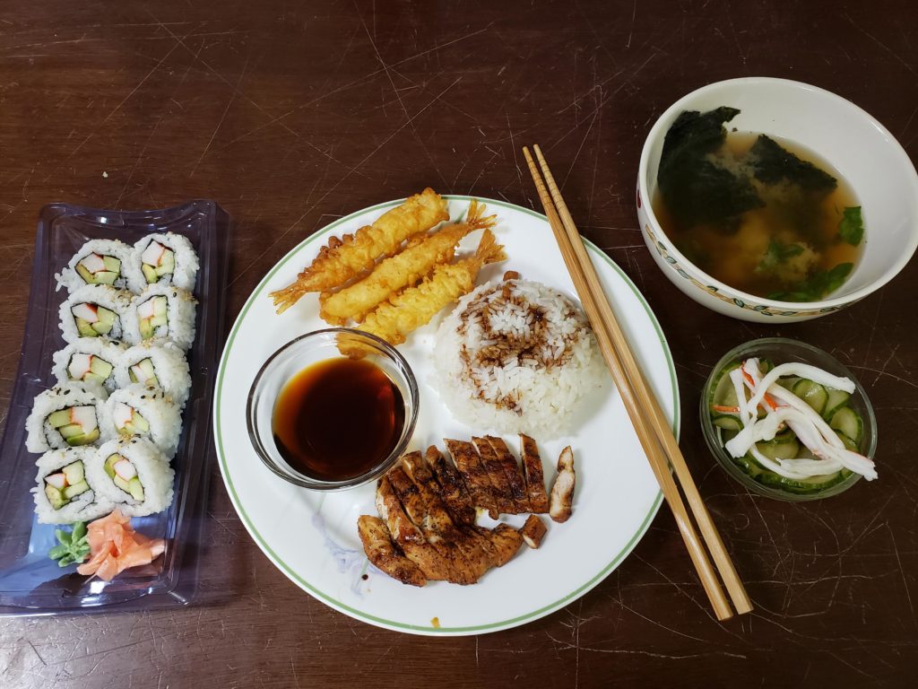 All from scratch except the California roll. Great lunch to start my quarantine with.